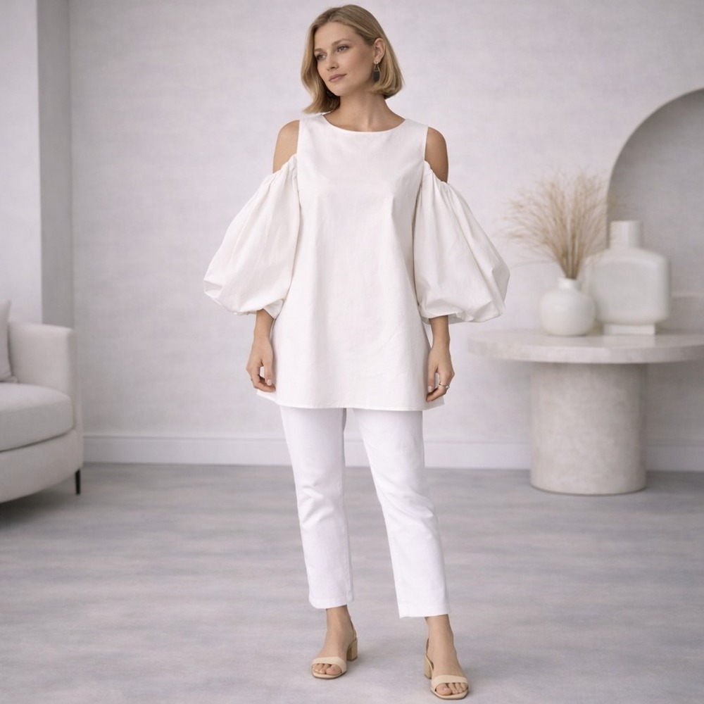 EDWARD ACHOUR PARIS White Cold‎ Shoulder Puff Sleeve Blouse Top Zip Back Size 40